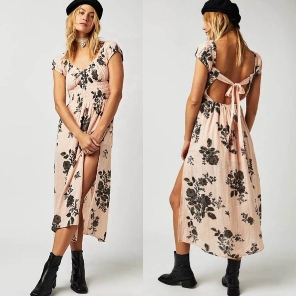 Free People ‘Forget Me Not’ Gauze Cotton Midi Dress in Peach Pink & Black, Small - Picture 2 of 14
